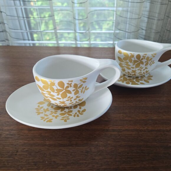 Set of 2 Teavana Gold Winter Leaf Porcelain Cups Saucers 5" - Picture 2 of 14